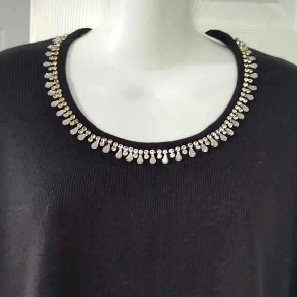 CATHY DANIELS BLACK 3/4 SLEEVE SWEATER WITH RHINESTONE NECKLINE  SZ XL - Picture 2 of 5